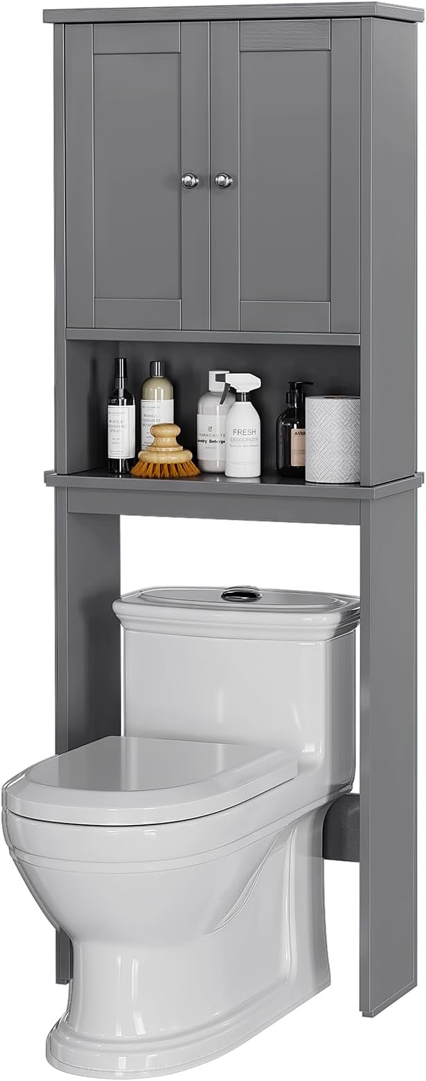 Over the Toilet Storage Cabinet, Bathroom Storage Cabinet Over Toilet with 2 Wood Doors, Freestanding Space Saver, Adjustable Shelf & Open Shelf, Grey