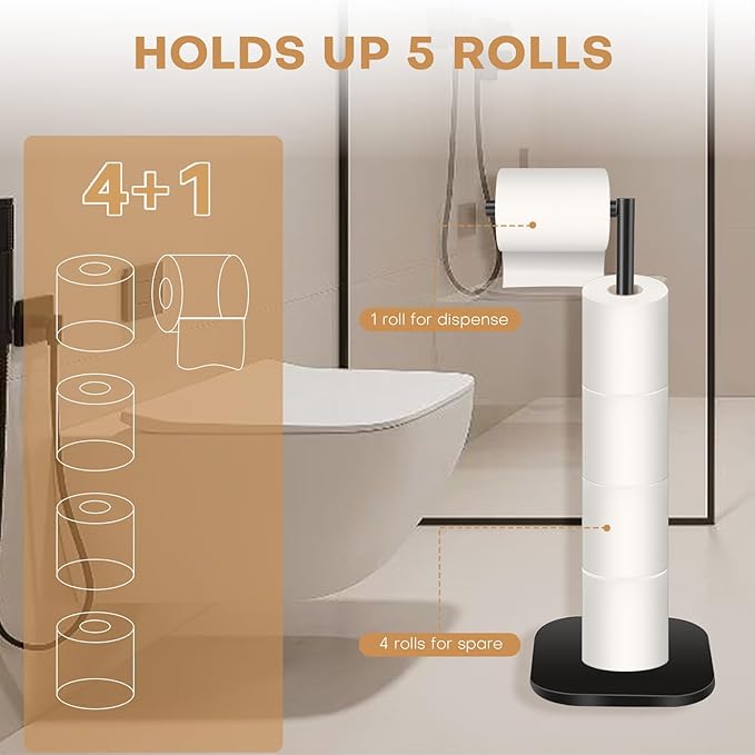 Toilet Paper Holder Stand Freestanding - Matte Black Stainless Steel Bathroom Storage Organizer - Non-Slip Rust Proof Tissue Roll Dispenser for Bathroom