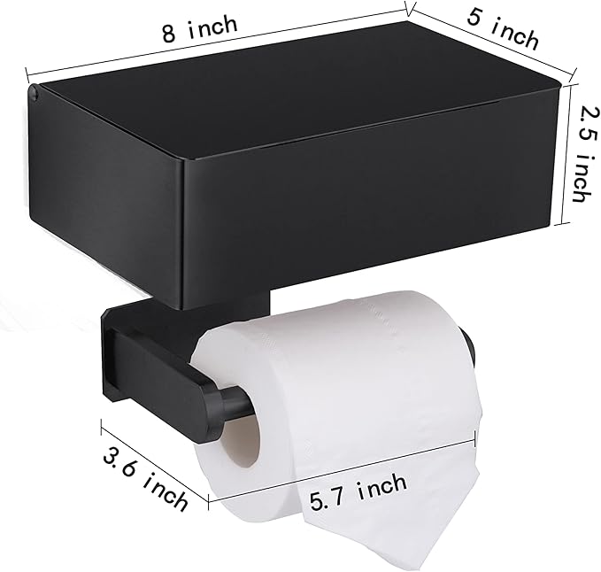 Adhesive Toilet Paper Holder with Shelf and Storage, Wall Mount Toilet Paper Roll Holder & Flushable Wipes Dispenser Set Fits Any Bathroom, Stainless Steel Tissue Holder-Round, Black