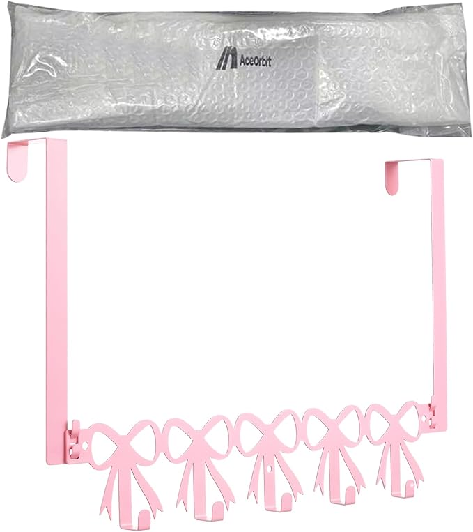 AceOrbit Pink Bow Over The Door Hooks Hanger Wall Mount Towel Hanger Door Holder Organizer 5 Hooks Kawaii Farmhouse Rustic Coquettish Style Decor for Bedroom Bathroom Towel Hat Clothes