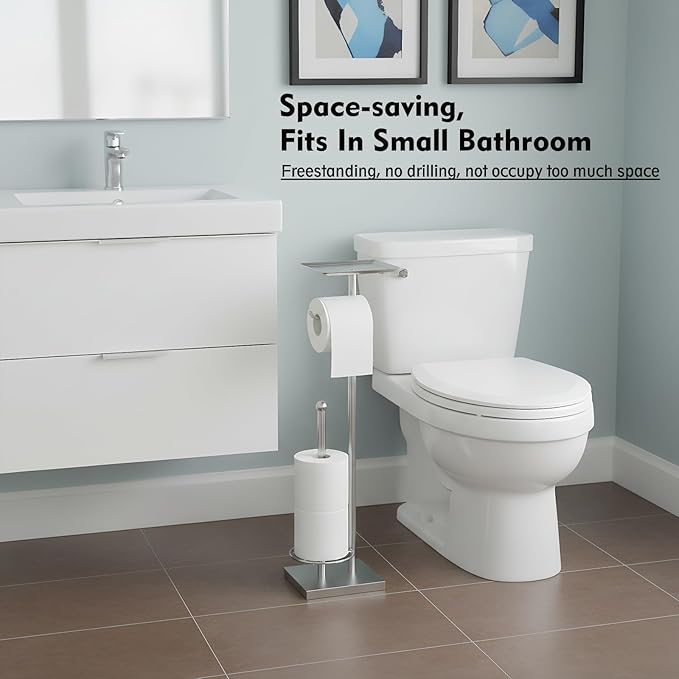 Toilet Paper Holder with Shelf, Toilet Paper Stand with Storage for Holding Extra 3 Rolls, Freestanding Toilet Paper Holder for Bathroom (Brushed Nickel with Metal Base)