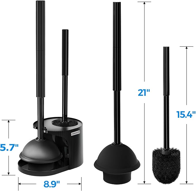 FORASTO 2Pack 2 in 1 Toilet Brush and Plunger Set, Extended Handle Plunger,Toilet Bowl Brush Plunger Set,Clean Gloves,Cleaning Tools,Cleaning Brush,Cleaning Supplies,Toilet Brush Plunger Combo,Black