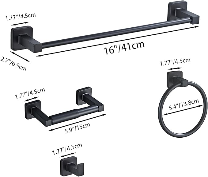 Matte Black Bathroom Hardware Set 4 Pieces,Towel Bar Set Stainless Steel Wall Mounted, Includes 16In Hand Towel Bar, Towel Ring, Robe Towel Hooks,Toilet Paper Holder, Bathroom Towel Rack Set