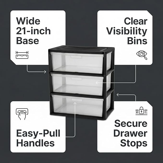 Wide 3 Drawer Plastic Storage Tower with Clear Removable Bins, 15.6" x 21" x 25.2" Organizer Unit with Drawer Stops and Easy-Pull Handles for Closet, Dorm, and Office Organization, Black
