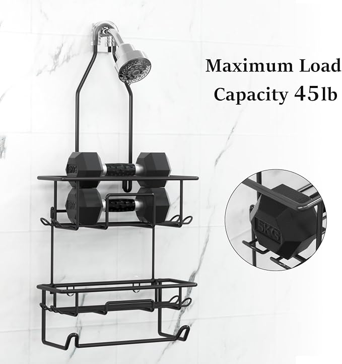TreeLen Shower Caddy Hanging over Shower Head with 10 Hooks for Razor Large Shampoo Holder Shower Hanger Rack Bathroom Organizer- (Black, 11.8x4.1x24.8)