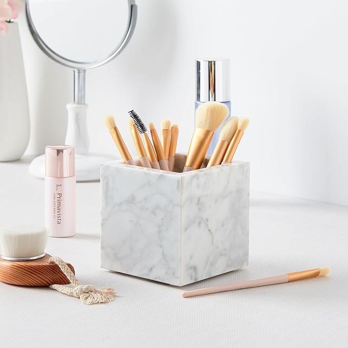 Real Luxurious Natural Marble Toothbrush Holder & Makeup Brush Organizer & Pen Holder for Desk,3.93inch Square Marble Utensil Holder Non-Ceramic/Non-Resin (White)