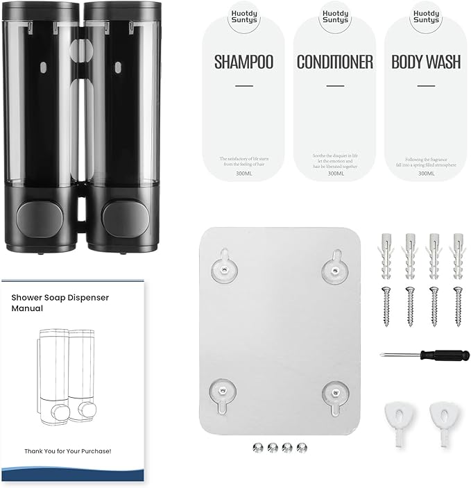 2-Chamber Shampoo and Conditioner Dispenser Shower Soap Dispenser 2 Chamber No Drill,Shower Soap Dispenser Wall Mounted, HUOTDY SUNTYS Body Wash Dispenser Set for Bathroom Toilet Hotel Kitchen (BLACK)