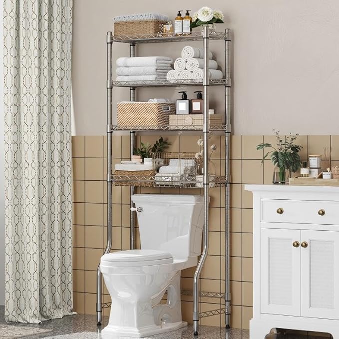 Ekisemio 4-Tier Over The Toilet Storage, Metal Bathroom Shelf with Adjustable Shelves & Basket, Space-Saving Above Toilet Organizer, Chrome