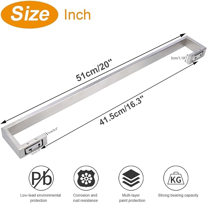 TocTen Bath Towel Rack - Square Base Thicken SUS304 Stainless Steel Towel Bar for Bathroom, Bathroom Bar Accessories Towel Rod Heavy Duty Wall Mounted Towel Holder (Brushed Nickel, 20 Inch)