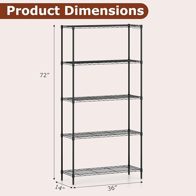 GOFLAME 5-Tier Metal Storage Shelving Unit, Heavy-Duty Adjustable Utility Shelf with V-Shaped Wire Rack, 450 LBS Storage Organizer for Home, Kitchen, Garage, Basement, 36”L x 14”W x 72”H