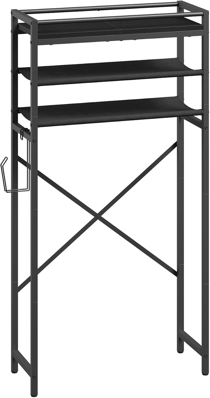 MAHANCRIS Over The Toilet Storage, 3-Tier Over Toilet Bathroom Organizer with Paper Holder, Freestanding Bathroom Shelves Above Toilet for Balcony Laundry Room, Space Saving, Black TSBK1201