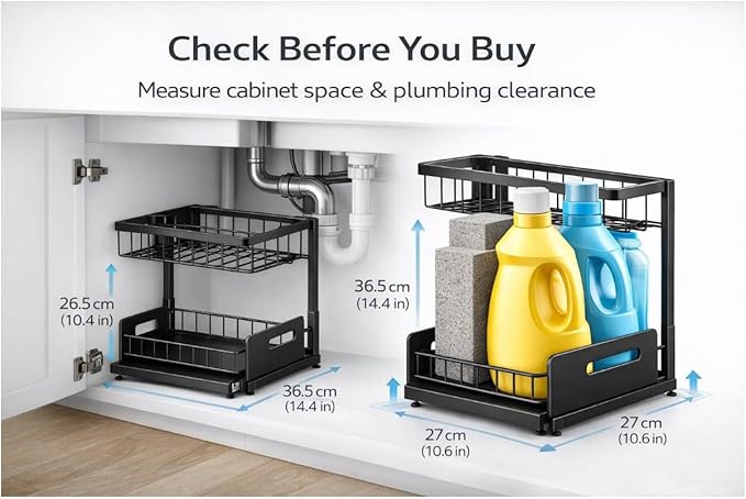 Under Sink Organizer 2 Tier Sliding Storage Rack – Carbon Steel Pull Out Cabinet Shelf for Kitchen & Bathroom, Heavy Duty Metal Under Cabinet Organizer.