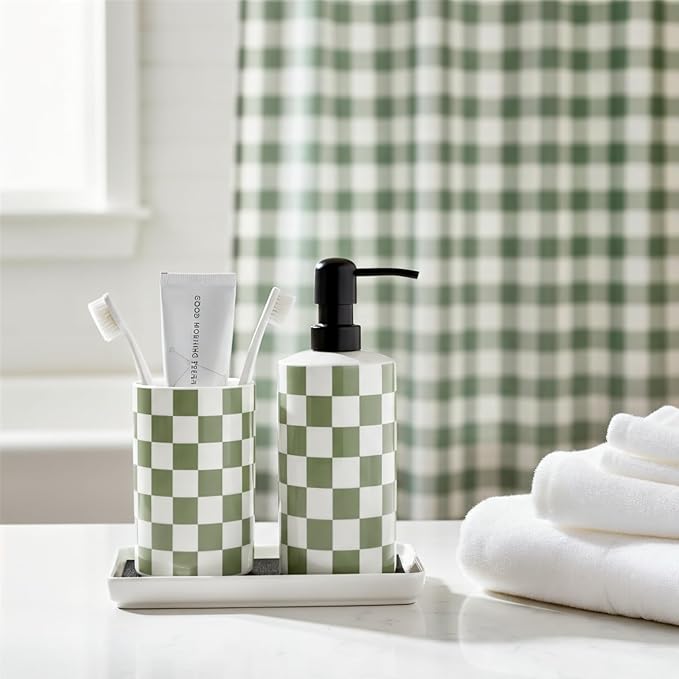 Tooth Brush Holder for Bathroom, Green Toothbrush Holders for Bathrooms, Modern Cute Ceramic Toothbrush Caddy, Toothbrushes and Toothpaste Cup for Bath Room Countertop Storage,Sage Green Decor
