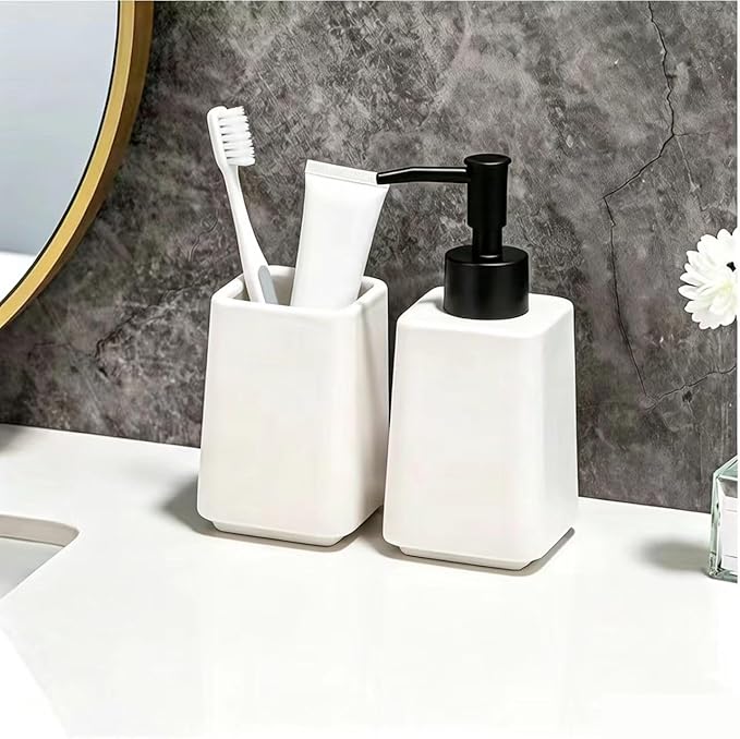 White Bathroom Accessories Set 2Pieces,Ceramic Soap Dispenser and Toothbrush Holder,Modern Decor Bath Set with Toothbrush Cup