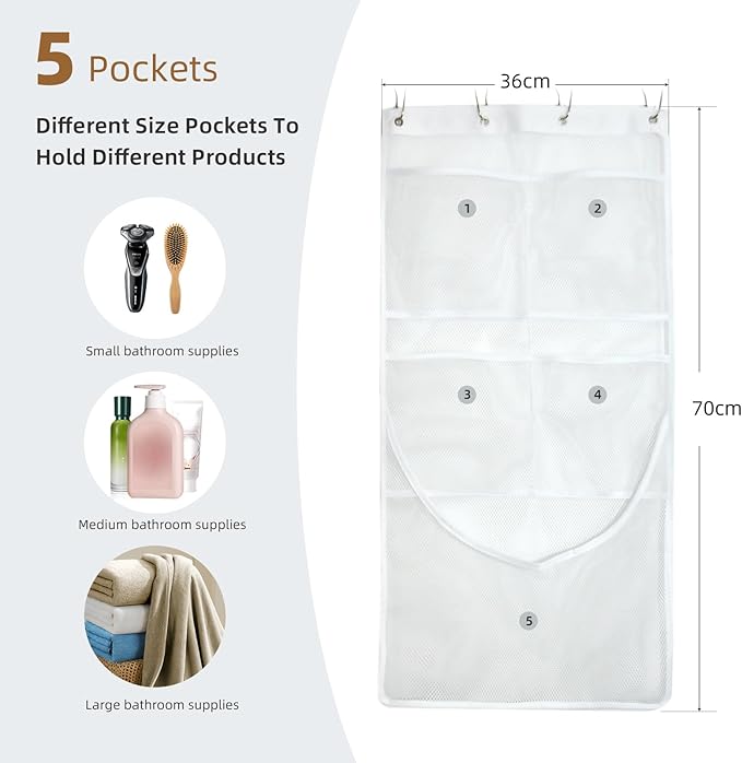 Mesh Shower Caddy Hanging,Hanging Mesh Pockets Shower Curtain Liner Pockets Hanging with Pockets Quick Dry Cruise RV Camper Bathroom Organizer with Shower Curtain Hooks