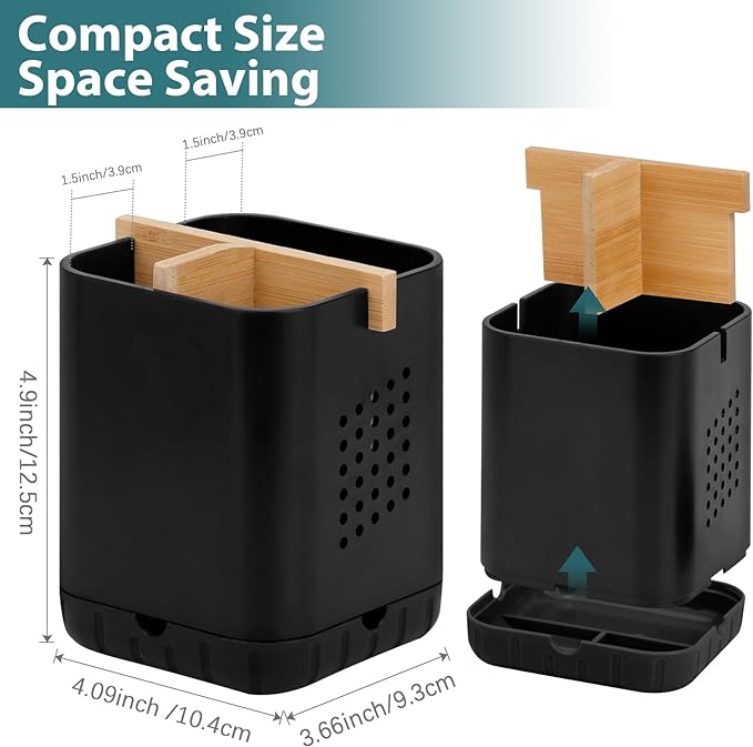 Boperzi Black Toothbrush Holders for Bathroom, Electric Toothbrush Holder with Bamboo Divider, Detachable Anti-Slip Toothbrush and Razor Holder Drainage for Shower, Toothbrush Organizer and Storage