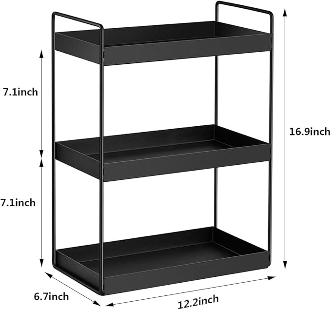 3-Tier Bathroom Countertop Organizer Vanity Tray Cosmetic & Makeup Storage Kitchen Spice Rack Standing Shelf, Black, 12.2" L x 6.7" W x 16.9" H, Iron
