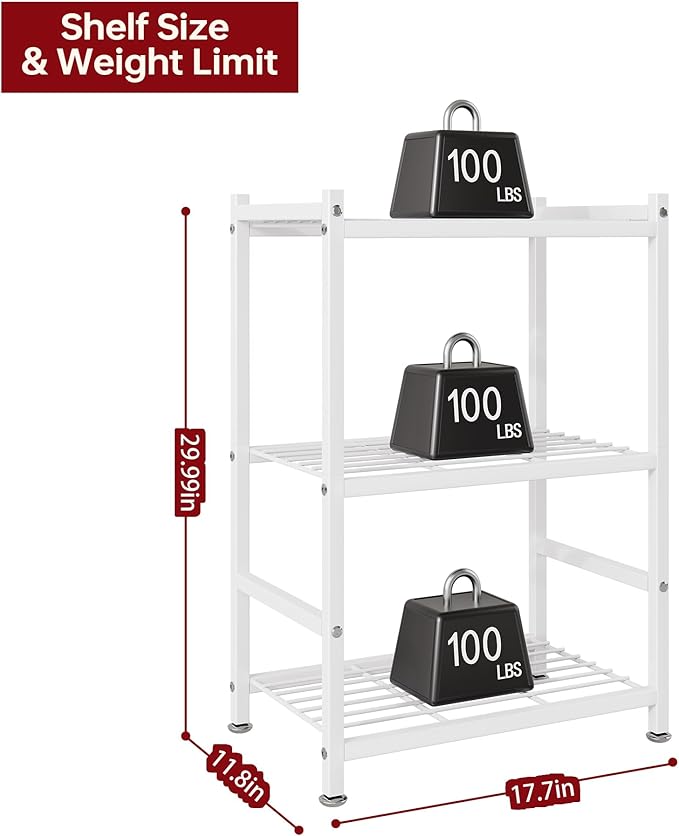 Small Storage Shelves, 3-Tier Metal Shelving Unit with Adjustable Feet, Compact Shelf Organizer for Garage, Kitchen, Pantry and Closet Organization, 11.8" x 17.7" x 29.99", White