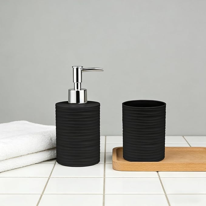 Bathroom Accessories Set, 2-Piece Black Soap Dispenser & Toothbrush Holder with Ripple Texture & Rust-Proof Pump, Modern Matte Organization