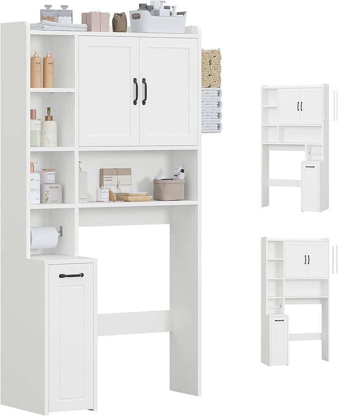 UPOSOJA Over The Toilet Storage Cabinet with Pulley Small Bathroom Storage, Space Saver W/Adjustable Shelf & Rack for Bathroom, Restroom, Laundry (White-Type B)
