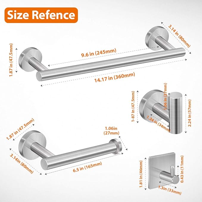 Tudoccy 5-Pieces Bathroom Hardware Set Brushed Nickel SUS304 Stainless Steel Round Wall Mounted - Includes 16" Hand Towel Bar, Toilet Paper Holder, 3 Robe Towel Hooks,Bathroom Accessories Kit