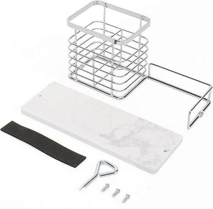 Toothbrush Holder, Luxurious Metal Toothbrush Toothpaste Holder with Marble Base for Bathroom, Multi-Slots Openwork Design, Bathroom Accessory for Storage and Organizer (Large, Chrome)