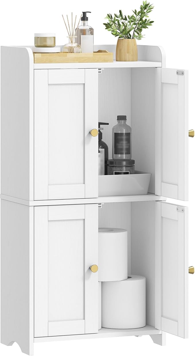HEXCELEN Small Storage Cabinet, Bathroom Storage Cabinet with 4 Doors, Floor Bathroom Organizer Freestanding for Small Spaces, Living Room, Kitchen, Entryway (Streamlined American, White)