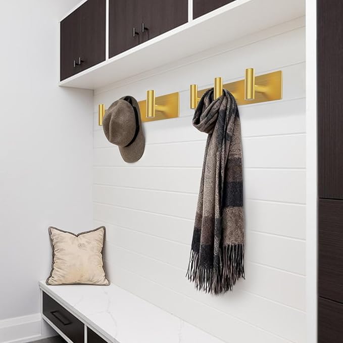 Bntuk Coat Rack Wall Mount - 3 Coat Hooks, Towel Racks for Bathroom Robes Bags Keys, Hat Rack Wall Towel Hooks Organizer (Gold)