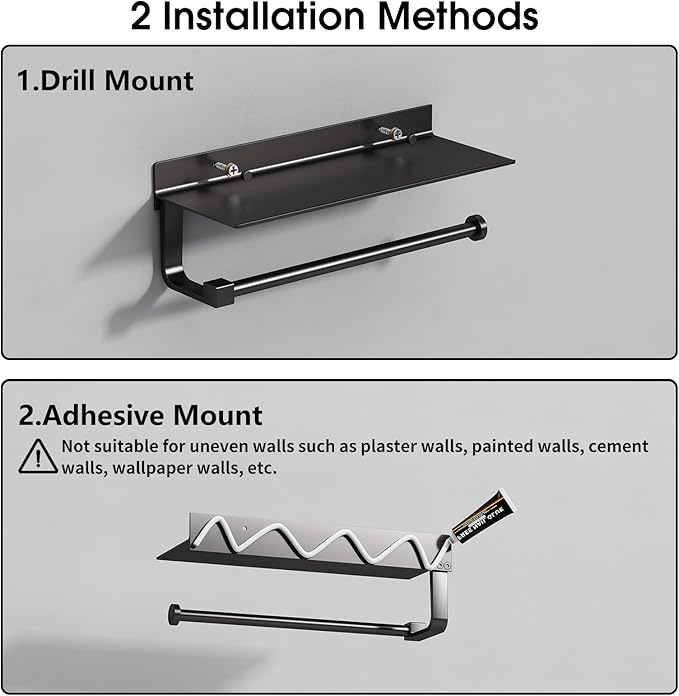 Danpoo Wall Mount Paper Towel Holder with Shelf for Bathroom/Kitchen, Adhesive Hand Towel Holder, Matte Black