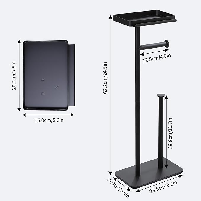 Toilet Paper Holder Stand with Phone Shelf, Rustproof Free Standing Toilet Paper Stand for 4 Rolls, Toilet Roll Dispenser Storages for Phones, Wipe, Wallet and Small Items, Black
