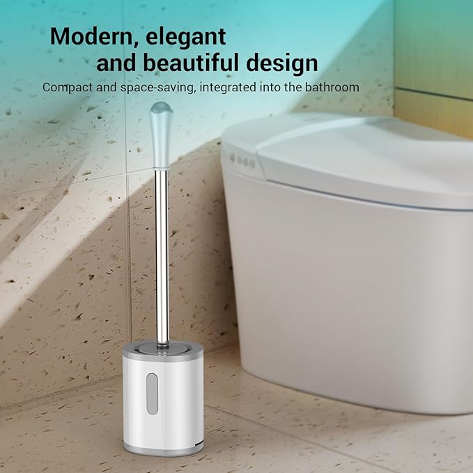 Toilet Brush and Holder Set, 2 Pack with Stainless Steel Handle Toilet Bowl Brush, Compact Toilet Scrubber Brush for Deep Cleaning Bathroom Restroom, Easy to Assemble White & Gray