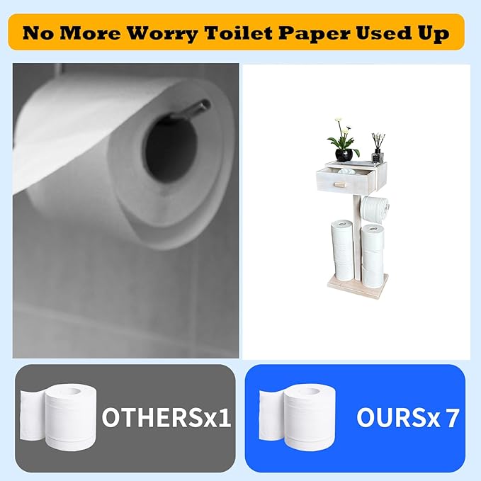 Freestanding Bathroom Toilet Paper Holder Stand with Shelf, Bamboo Toilet Paper Roll Holder with Wet Wipes Storage Drawer(Vintage White)
