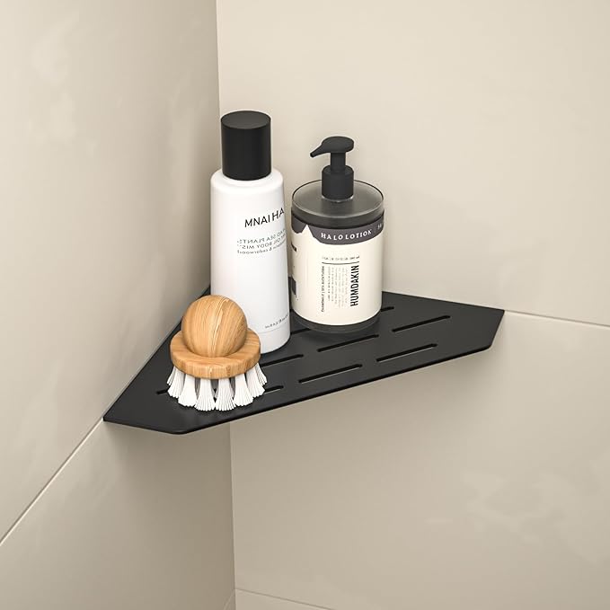 Corner Shower Shelf, 304 Stainless Steel Pentagonal Heavy Duty Floating Corner Sheves, Slot Design Grout in Bathroom Shelf for Tiled Wall 2 Pack(Matte Black, 8"-2 Pack)