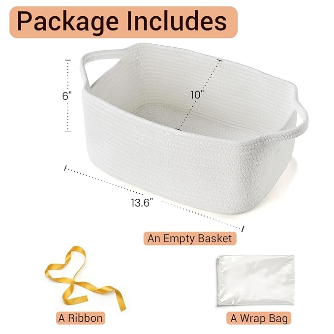 Small Woven Gift Basket Empty with Bag & Ribbon - Gifts for Mom, Baby Shower, Birthdays & Raffle - Cotton Rope Storage Basket for Dog Toys or Shelf - 13.6"x10"x6", White