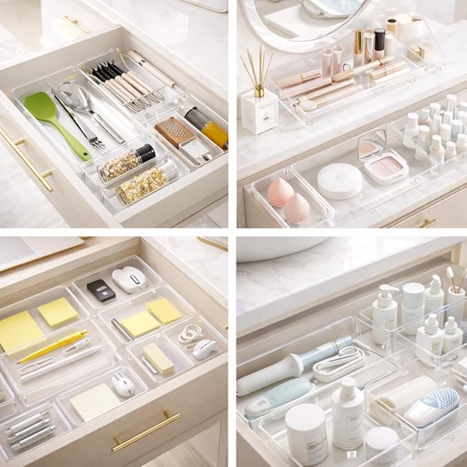 8 Pack Clear Drawer Organizer Bins, Plastic Storage Trays for Makeup, Kitchen, Bathroom, Desk, Stackable Drawer Dividers for Cosmetics, Office Supplies, Vanity Organizer