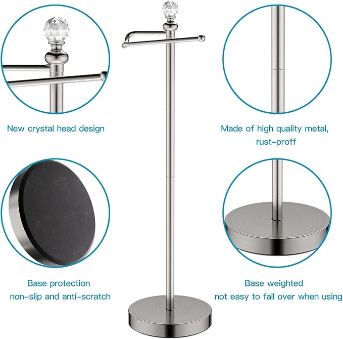 ROLABAM Toilet Paper Holder Stand with Crystal Head, Brushed Nickel Toilet Paper Holder Free Standing 24.4" H, Stand Up Toilet Paper Roll Holder for Bathroom, Floor Toilet Paper Storage