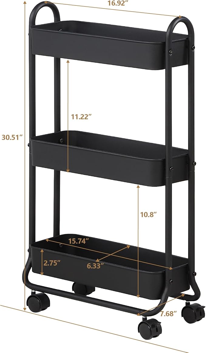 SunnyPoint Slim Rolling Storage Cart, 3 Tier Bathroom Storage Organizer Bathroom, Laundry Utility Cart (Black)