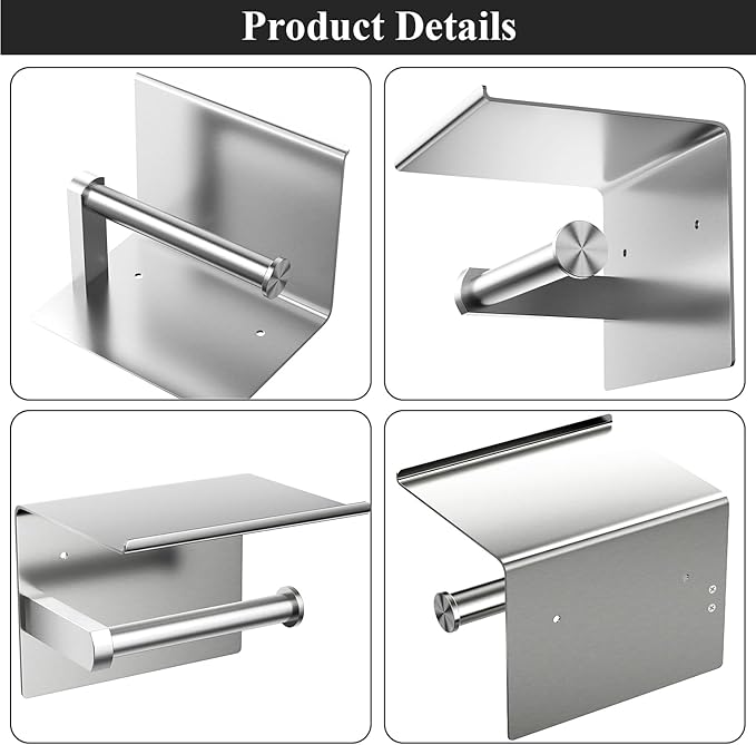 Tindbea Mega Size Toilet Paper Holder with Shelf + Towel Robe Hooks, Adhesive or Screw Wall Mounted Toilet Paper Roll Holder, Stainless Steel Bathroom Hardware Set (Brushed Nickel)