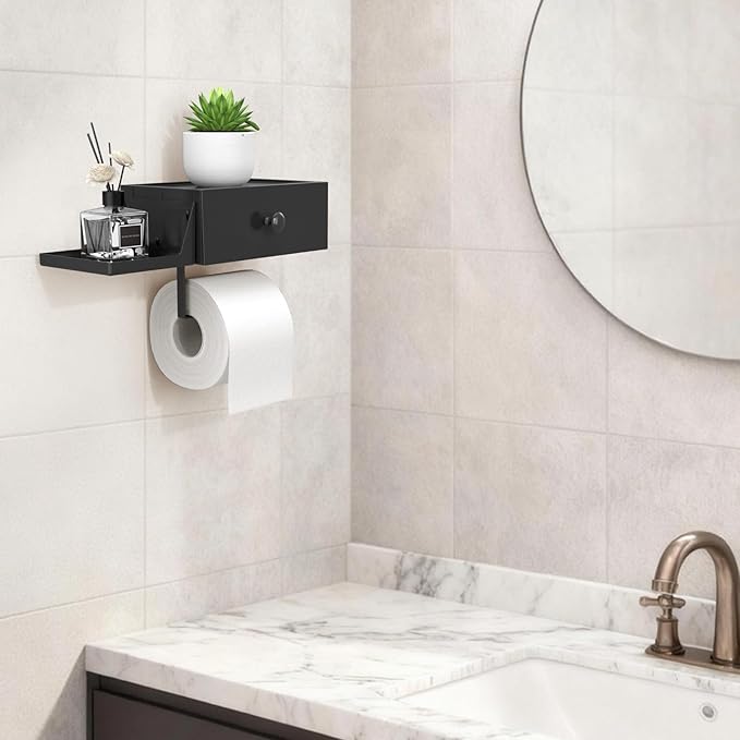 Lifewit Plastic Toilet Paper Holder with Shelf and Drawer, Screw or Adhesive Wall Mount Tissue Roll Storage, Sturdy Bathroom Wipes Dispenser Organizer, Black, 1 Pack