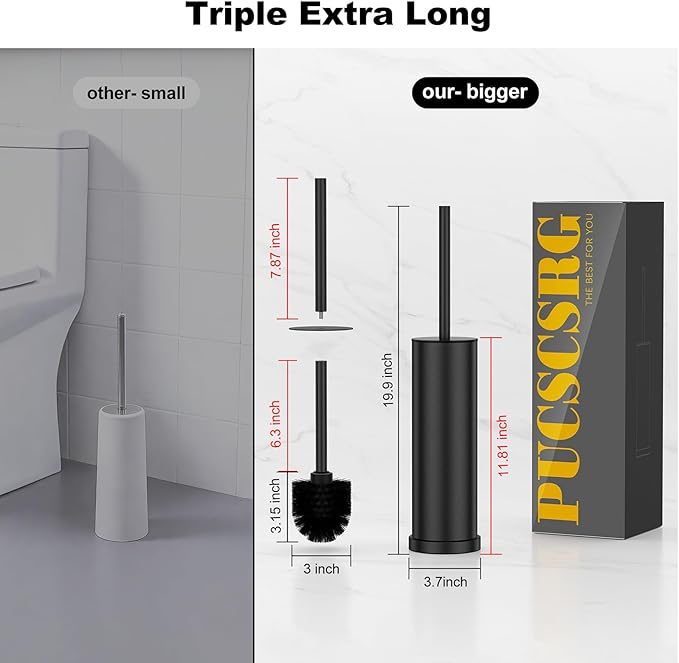 Black Toilet Brush and Holder Set,2 Pack Stainless Steel Heavy Duty Toilet Bowl Brush,Extra Long Handled Modern Toilet Cleaner Brush with Replaceable Head, Removable Inner Bowl, and Splash Protection
