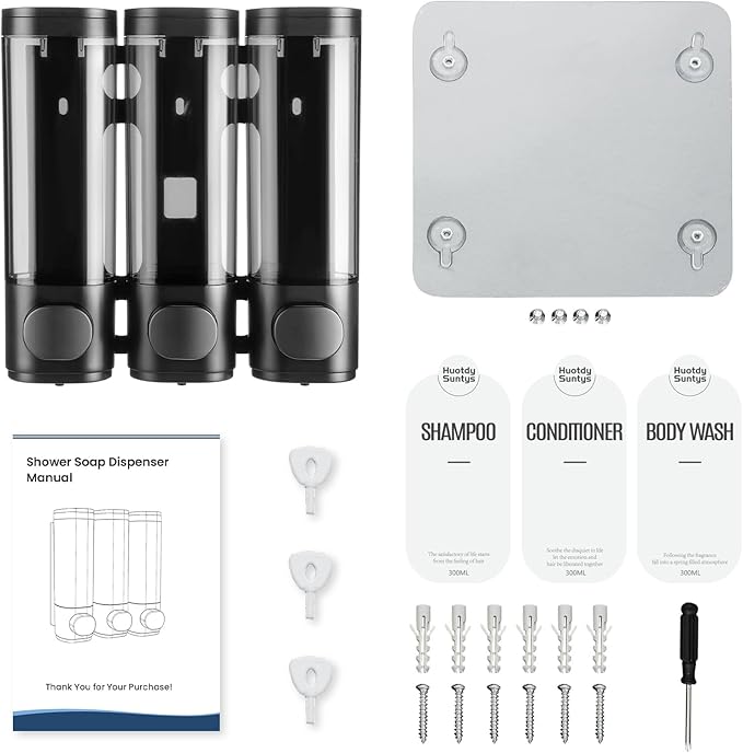 Shampoo and Conditioner Dispenser 3 Chamber No Drill – 300ml Each Container, Wall-Mounted Shower Soap Body Wash Dispenser for Bathroom, Toilet, Hotel & Kitchen (Black)
