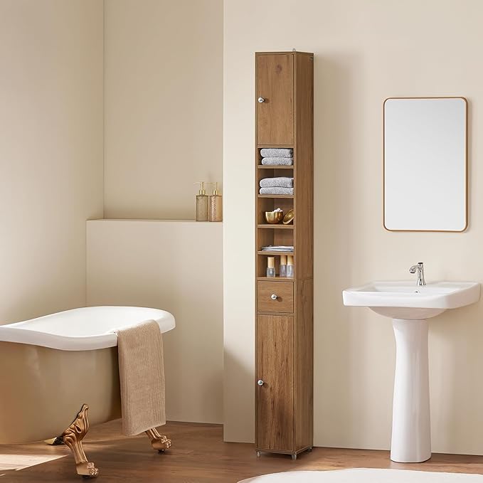 SoBuy Bathroom Narrow Storage Cabinet Skinny Tall Unit with Adjustable Shelves Slender Anti-Tipping Floor Standing Cupboard, Natural BZR34-PF