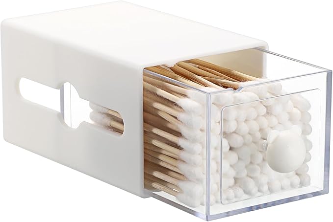 Qtip Holder Plastic Bathroom Dispenser Accessories Storage Canister Wall Mounted Apothecary Jar for Q-tip Cotton Swab Balls Pads Small Vanity Organizer with Double-sided Drawer