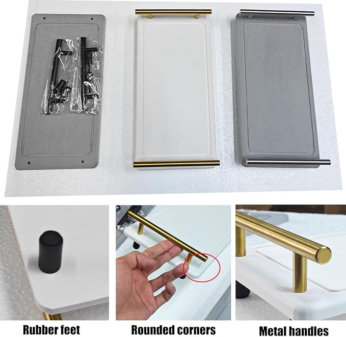 Instant Dry Sink Caddy Organizer,Diatomaceous Earth Bathroom Organizer with Handle Water Absorbing Stone Tray for Sink diatomaceous Tray for Home Bathroom Kitchen (L Gray Gold Handle)