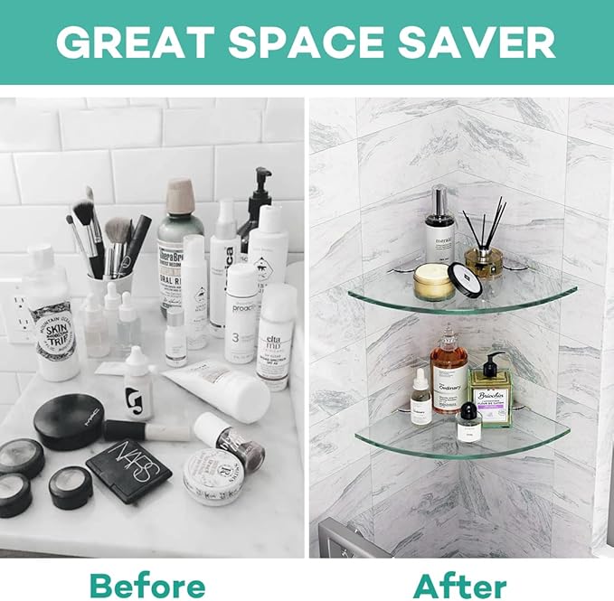 4 Pack Glass Corner Shower Shelf Bathroom Corner Shelves Wall Mounted Tempered Glass Shower Caddy Corner Shelf for Inside Tile Shower Organizer Shampoo Bottle Holder 9.4" R
