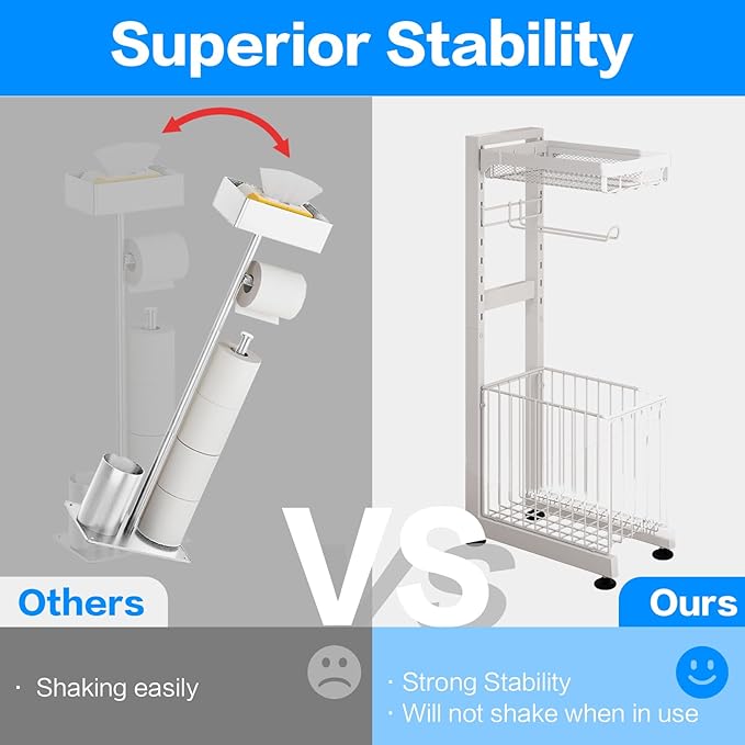 Toilet Paper Holder Stand with Storage Shelf - Multi Tier Metal Toilet Paper Stand with Large Basket for Tissue Rolls, Wipes (White)