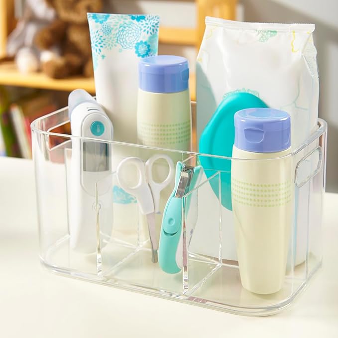 STORi Bliss 5-Compartment Plastic Cosmetics Storage Organizer | Clear | Rectangular Divided Makeup Bin & Vanity Caddy with Pass-Through Handles | Round Corner Design | Made in USA