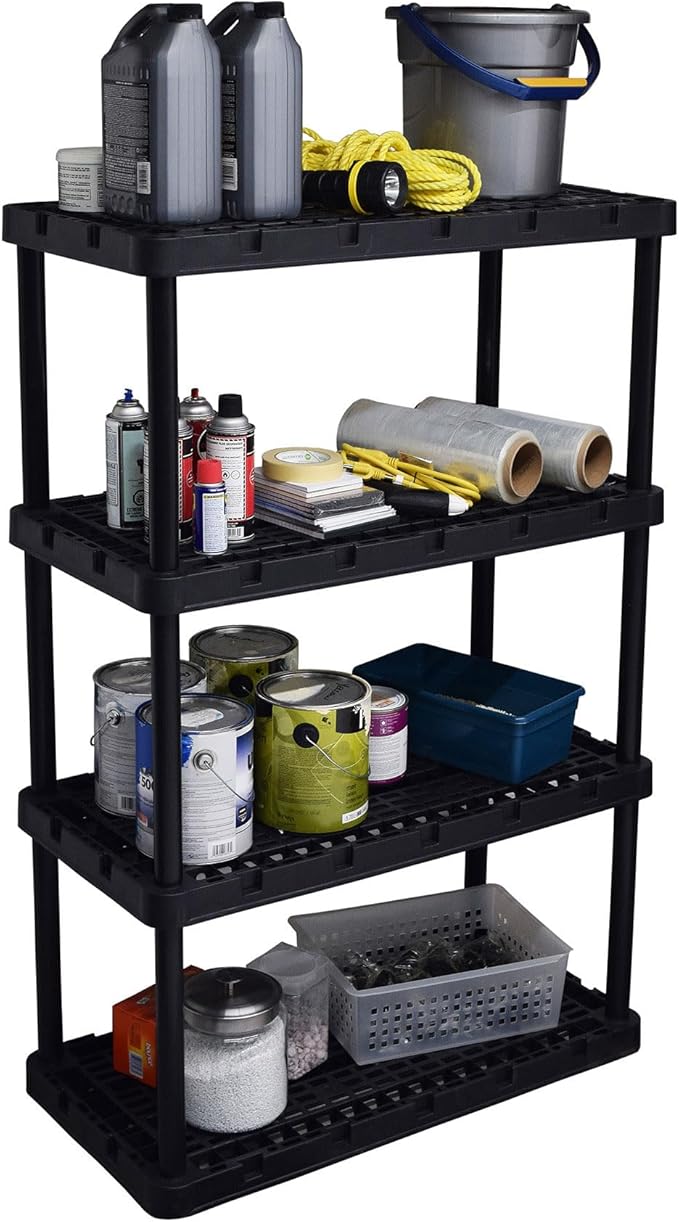 Gracious Living 4 Pack Heavy-Duty Storage Shelves, Knect-A-Shelf 4-Shelf Ventilated Storage Shelving Rack for Home Organization, Black