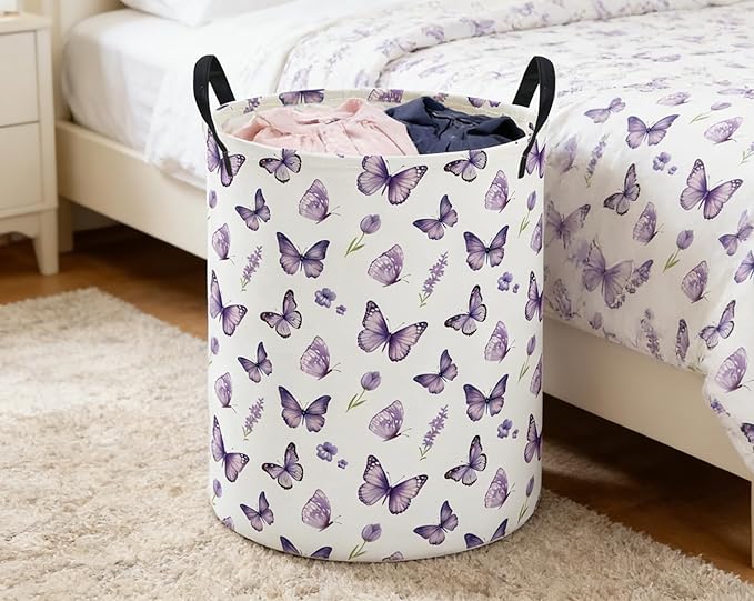 ESSME Kids Laundry Basket,Butterfly Hamper Collapsible Canvas Waterproof Storage Bin for Girls, Cute Hamper,Gift Baskets(Purple butterfly)