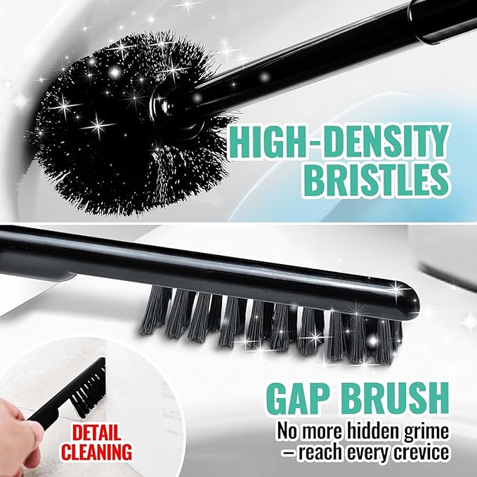 2 Pack 4 in 1 Toilet Brush and Plunger Set with Crevice Cleaning Brush, Toilet Plunger and Brush Set with Extra Long Handle, Plungers for Bathroom Accessories, Toilet Plunger with Holder, Dark Black